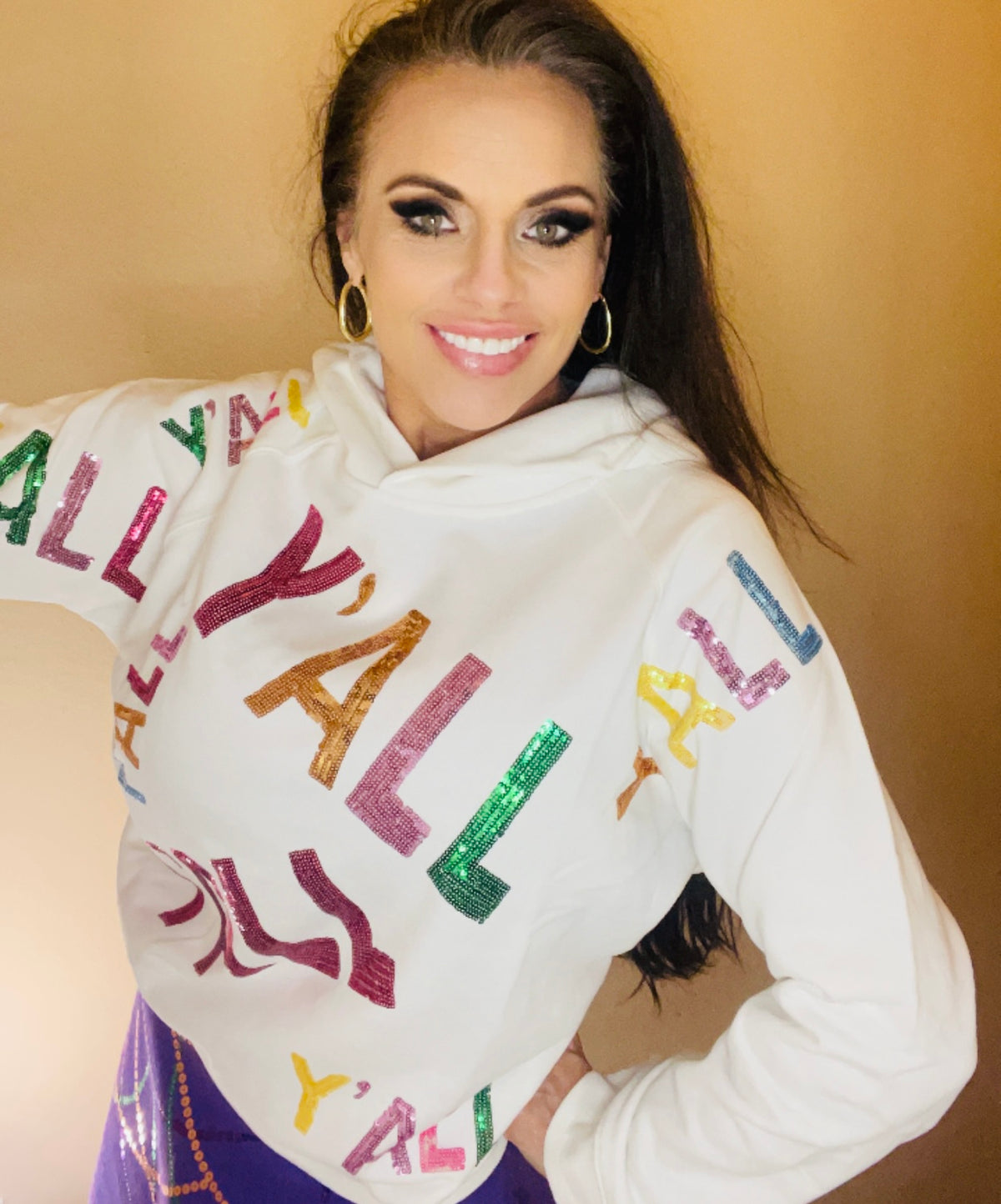 Y'ALL Sequin Embroidery Southern Hoodie - WHITE