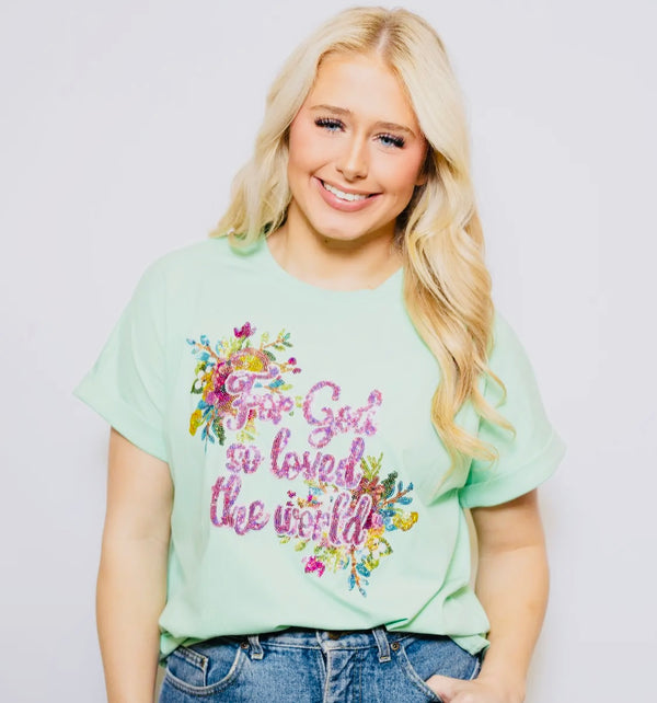 For God So Loved The World | Women's Sequin Design Cuff Sleeve Tee (Mint)