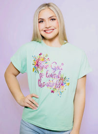 For God So Loved The World | Women's Sequin Design Cuff Sleeve Tee (Mint)