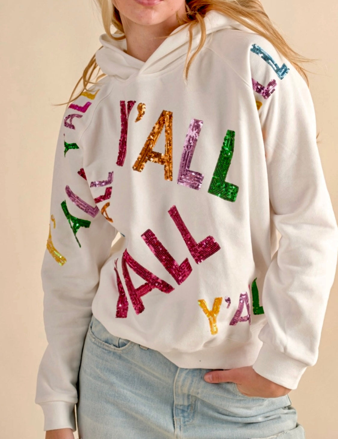 Y'ALL Sequin Embroidery Southern Hoodie - WHITE