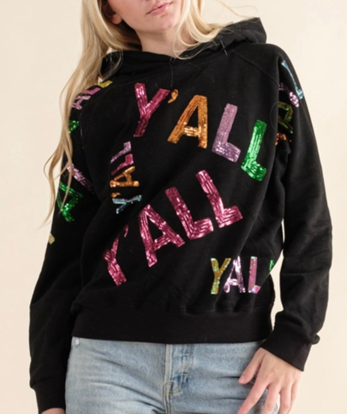 Y'ALL Sequin Embroidery Southern Hoodie - BLACK