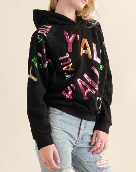 Y'ALL Sequin Embroidery Southern Hoodie - BLACK