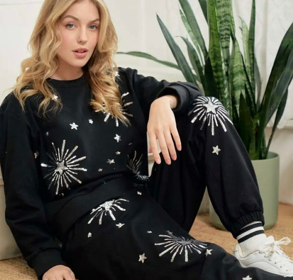 Silver Star Sequin Embroidery Jogger Set