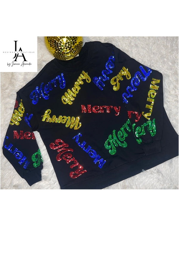 Merry All-Over Sequin Oversized Sweatshirt